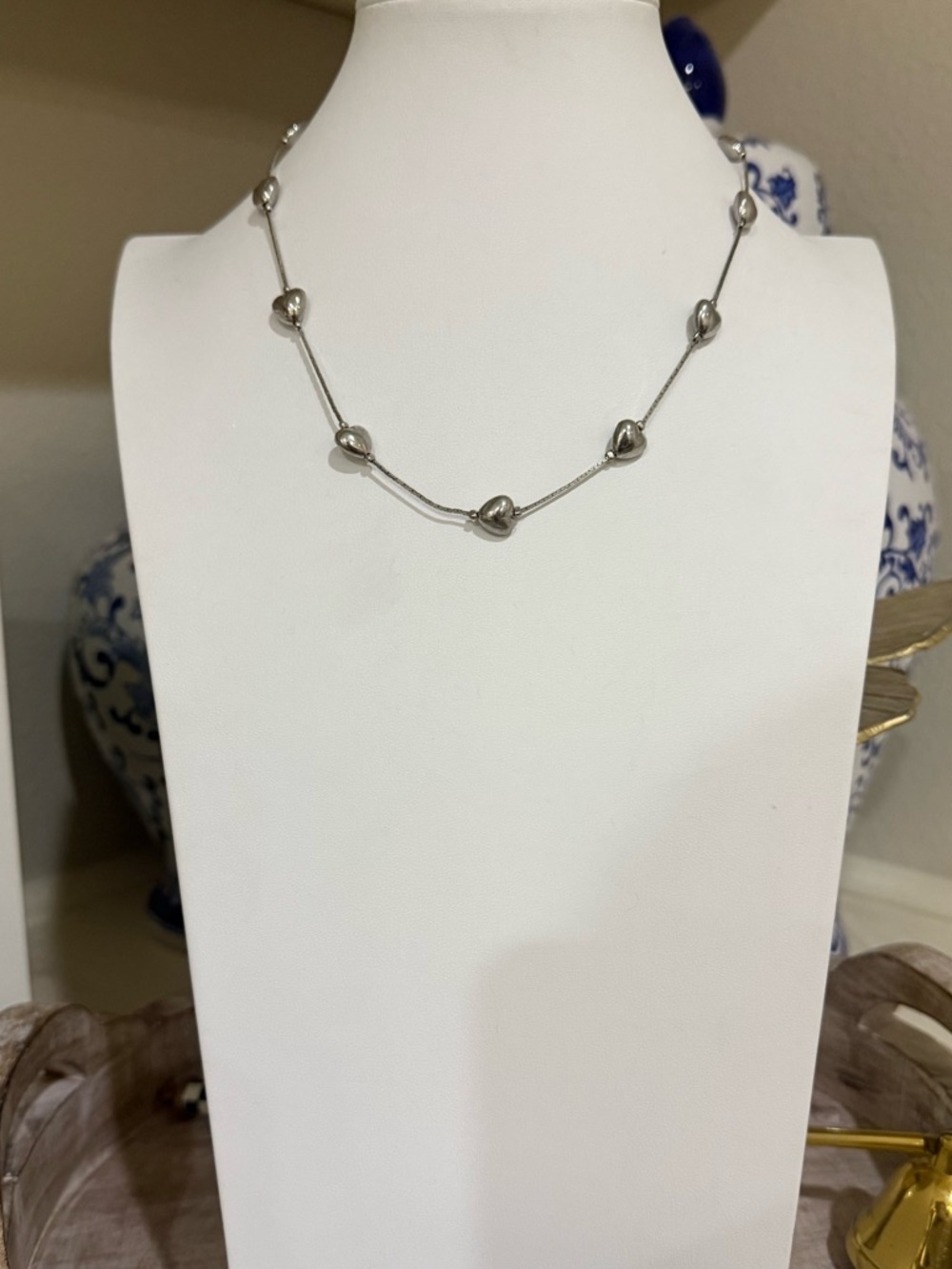 Trifari Silver Tone Puffy Heart Satellite Necklace